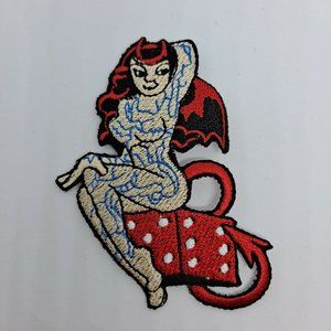 Devil biker girl on dice patch Clothing Crafts Embroidered Sew on